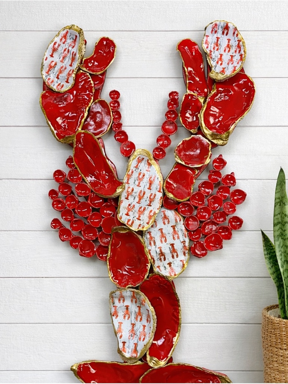 Stunning Red and Gold Oyster Shell Lobster wall hanging